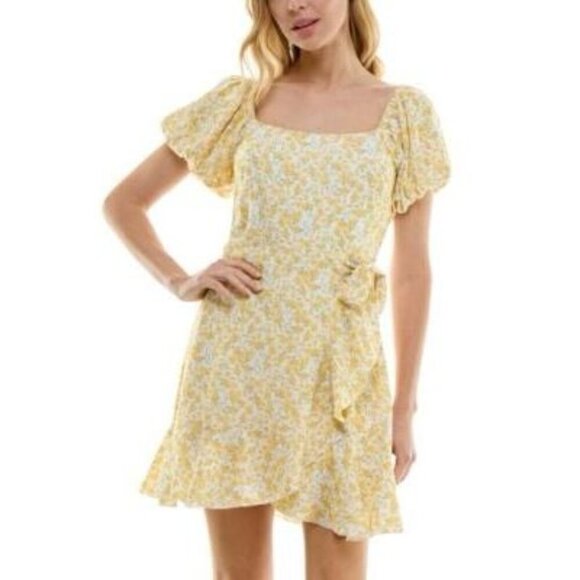 Trixxi Juniors' Floral-Print Puff-Sleeve Faux-Wrap Dress - Picture 1 of 12